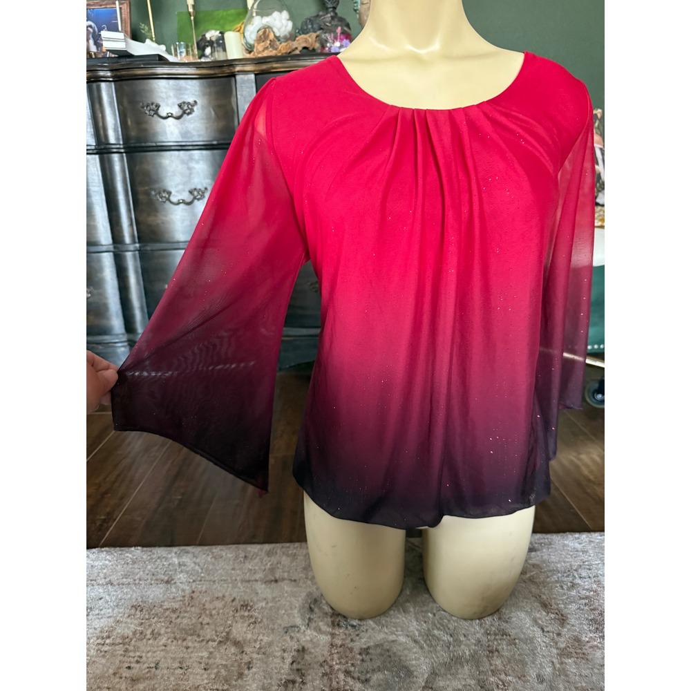 Red Black Ombre Glitter Bell Sleeve Blouse Pleated Neck Keyhole Back Top
